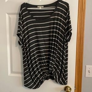 Nine Britton front tie shirt.   Grey and White stripes.